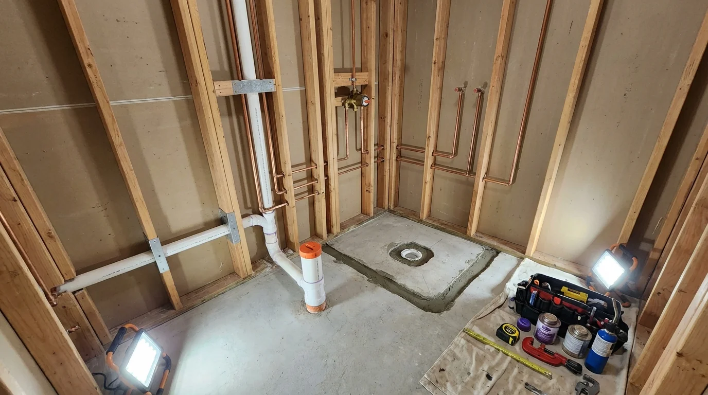 Bathroom rough-in plumbing during remodel by Johns Plumbing LLC in Forestville
