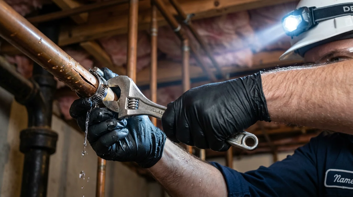 Emergency pipe clamp repair being performed by a Johns Plumbing LLC plumber in Forestville