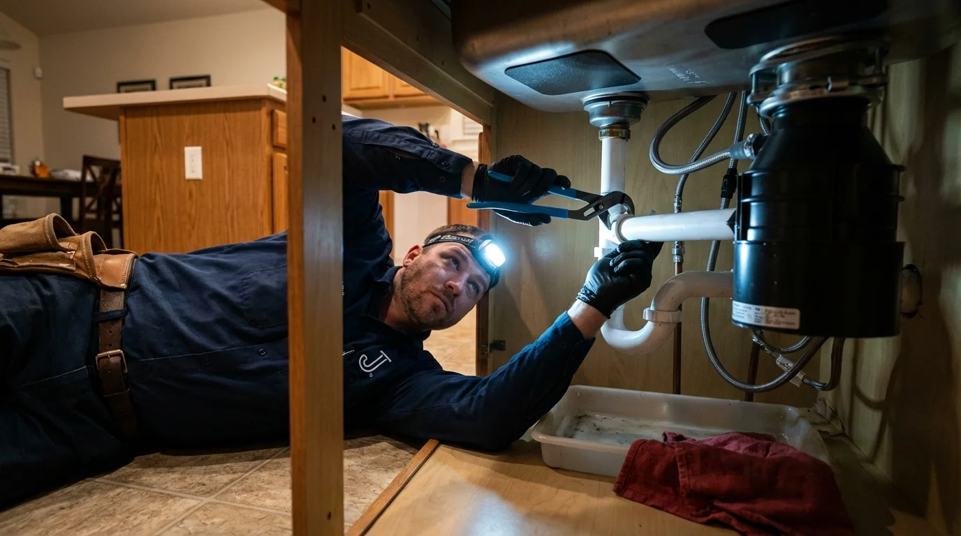 P-trap and supply line connections under a kitchen sink showing a common leak point in Forestville, CA